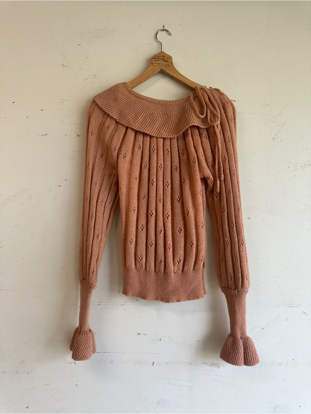 Vintage 70s peach pointelle mohair blend collared sweater